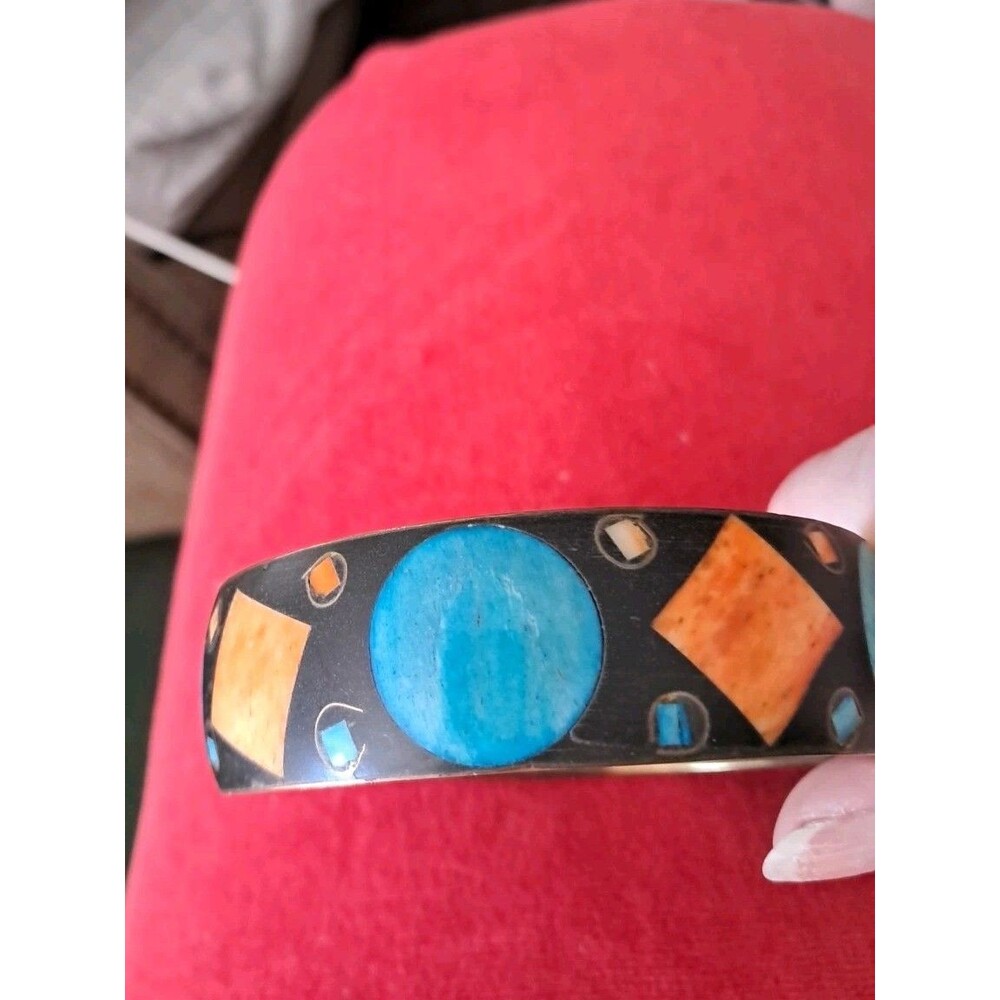 Multicolor Inlaid Bracelet Geometric Designs Orange And Teal